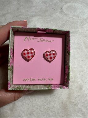 Betsey Johnson red gingham heart post earrings